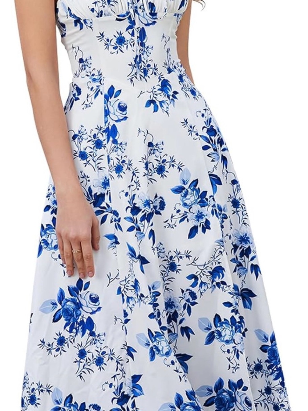 Amazon White Midi Dress with Blue Floral Print